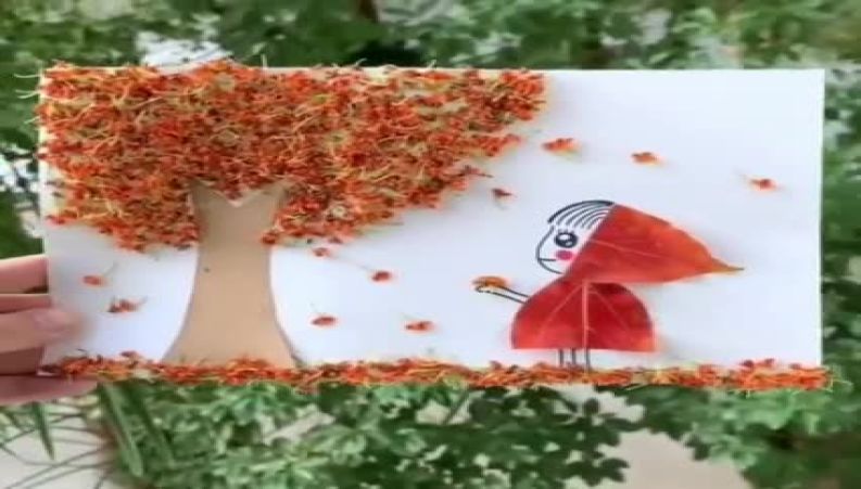  آموزش ساخت نقاشی ترکیبی با الهام از فصل خزان، با استفاده از برگ‌های واقعی به جای رنگ